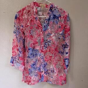 1990s Choices Watercolor Floral Sheer Button Up Blouse Vintage Size S